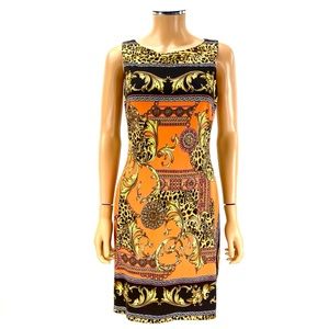 CACHE Sleeveless Sheath Dress SIZE 8 Coral Cocoa Leopard Gold Baroque Print NWT